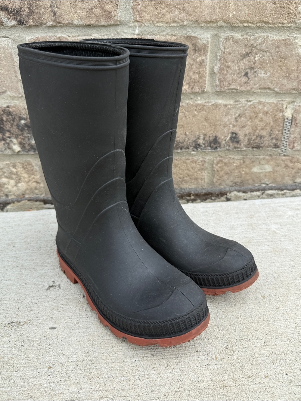 Black Rubber Rain Boots with Brown Soles